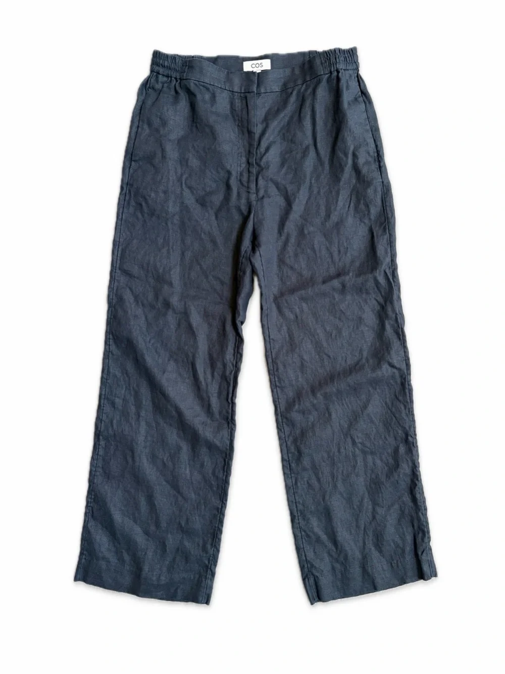 COS 100% Linen Wide Leg Pants Navy High Rise Straight Elastic Waist Women's 10